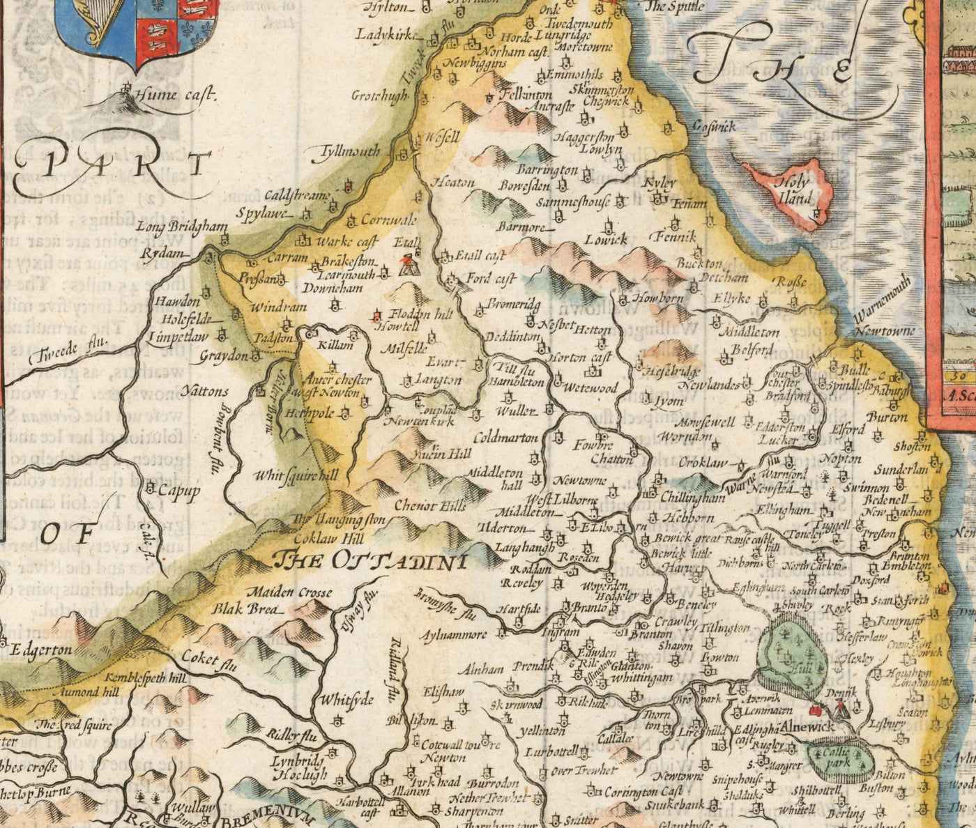 Alte Karte von Northumberland im Jahr 1611 von John Speed - Newcastle, Gateshead, Hadrianswall, Tyne und Wear 