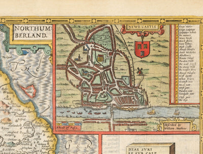 Alte Karte von Northumberland im Jahr 1611 von John Speed - Newcastle, Gateshead, Hadrianswall, Tyne und Wear 