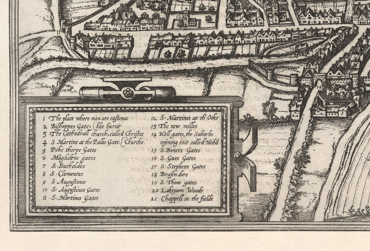 Antiguo Mapa de Norwich, East Anglia 1581 por Georg Braun, Civitates Orbis Terrarum - Castillo, Murallas de la ciudad