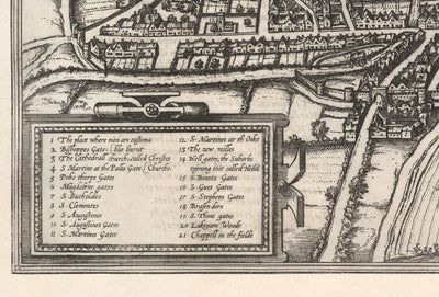 Antiguo Mapa de Norwich, East Anglia 1581 por Georg Braun, Civitates Orbis Terrarum - Castillo, Murallas de la ciudad