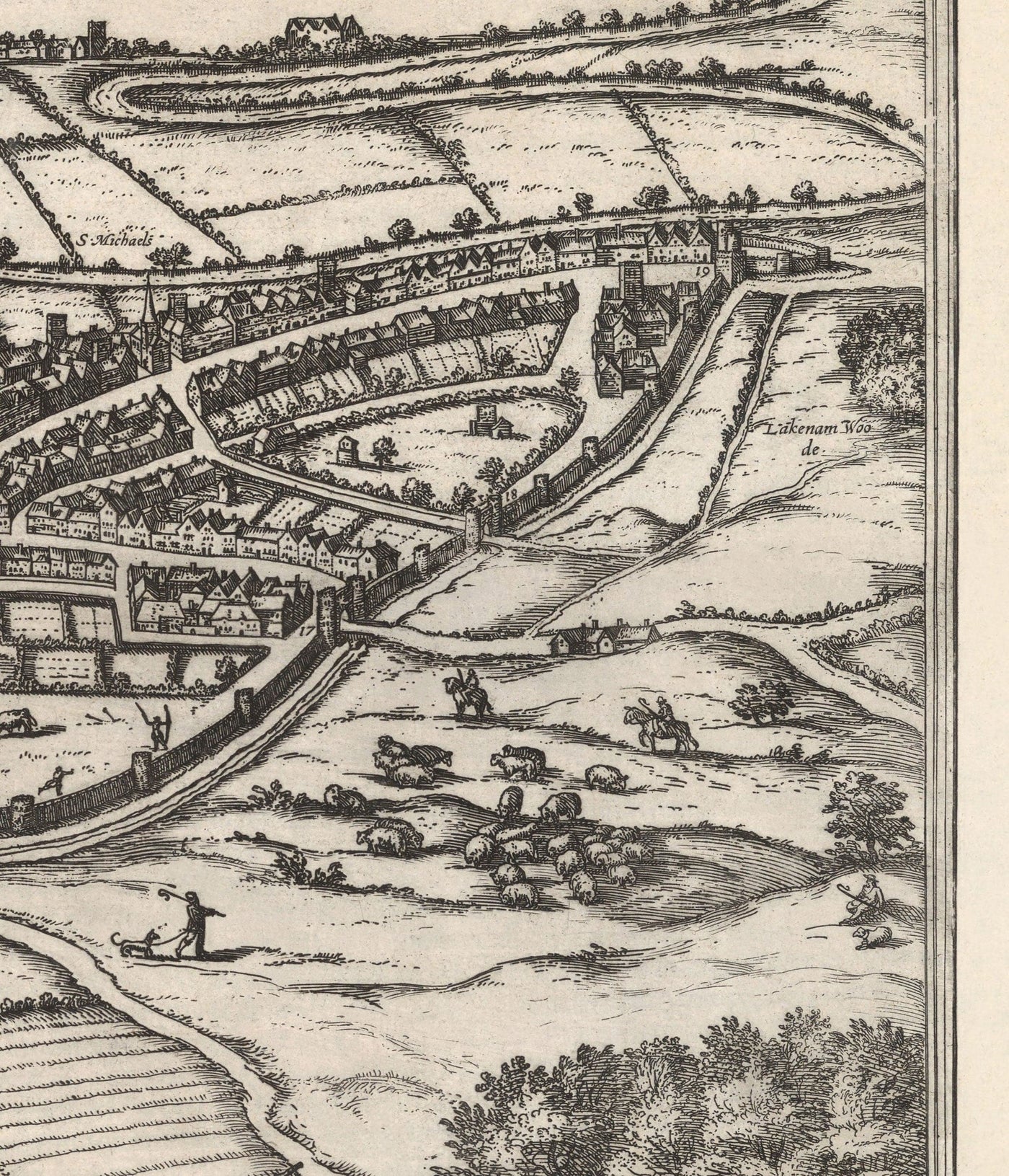 Antiguo Mapa de Norwich, East Anglia 1581 por Georg Braun, Civitates Orbis Terrarum - Castillo, Murallas de la ciudad