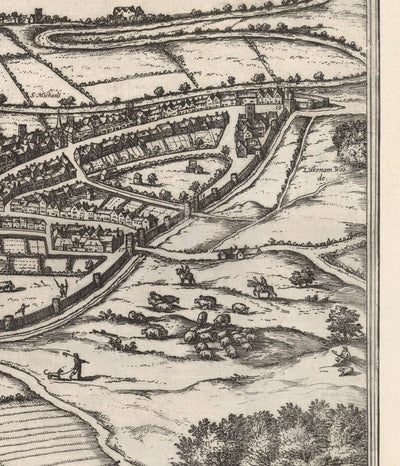 Antiguo Mapa de Norwich, East Anglia 1581 por Georg Braun, Civitates Orbis Terrarum - Castillo, Murallas de la ciudad