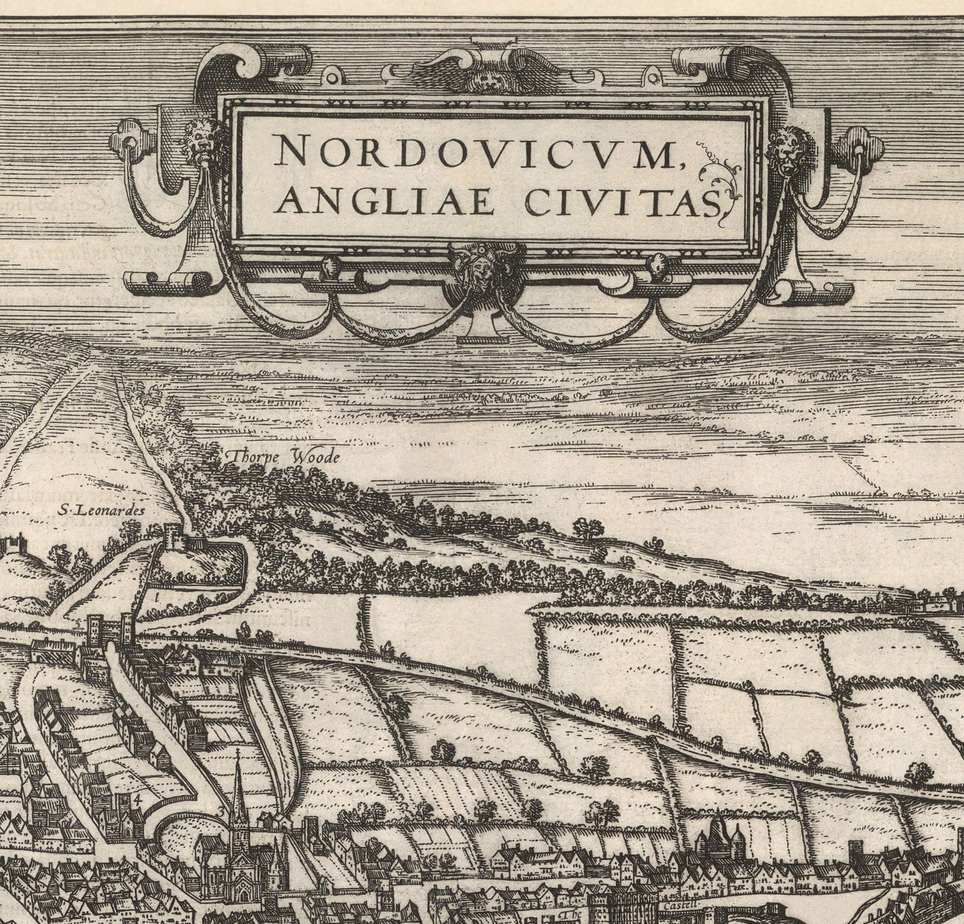 Antiguo Mapa de Norwich, East Anglia 1581 por Georg Braun, Civitates Orbis Terrarum - Castillo, Murallas de la ciudad