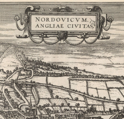 Antiguo Mapa de Norwich, East Anglia 1581 por Georg Braun, Civitates Orbis Terrarum - Castillo, Murallas de la ciudad