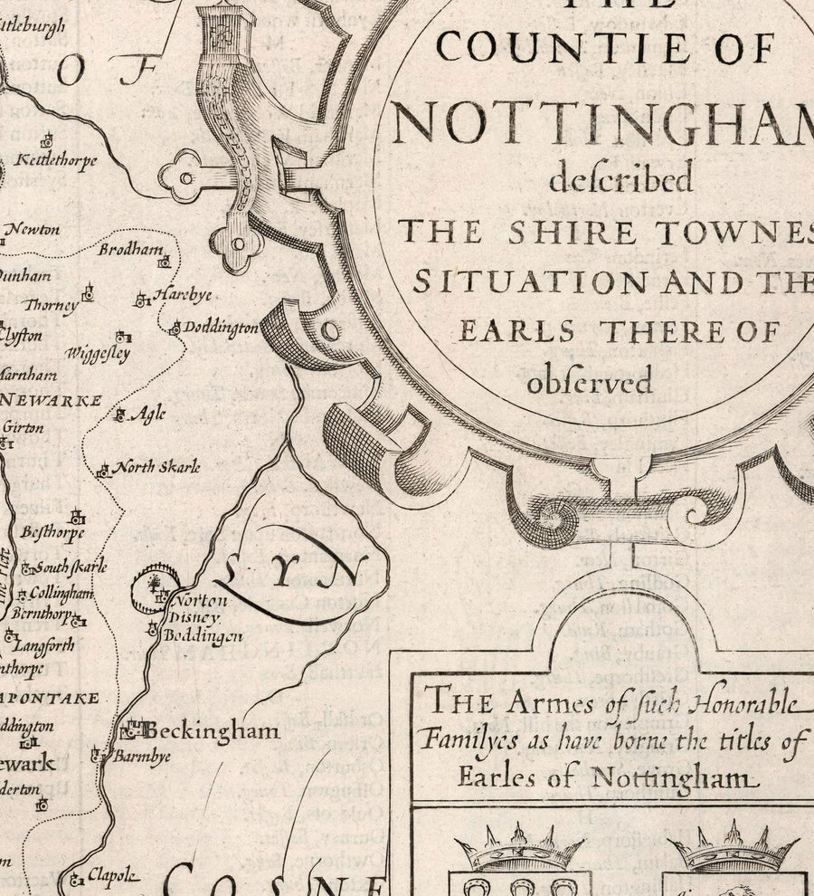 Ancienne carte de Nottinghamshire, 1611 par John Speed ​​- Nottingham, Mansfield, Newark, Travaquage, Sherwood Forest