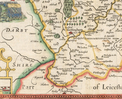 Alte Karte von Nottinghamshire, 1611 von John Speed - Nottingham, Mansfield, Newark, Worksop 