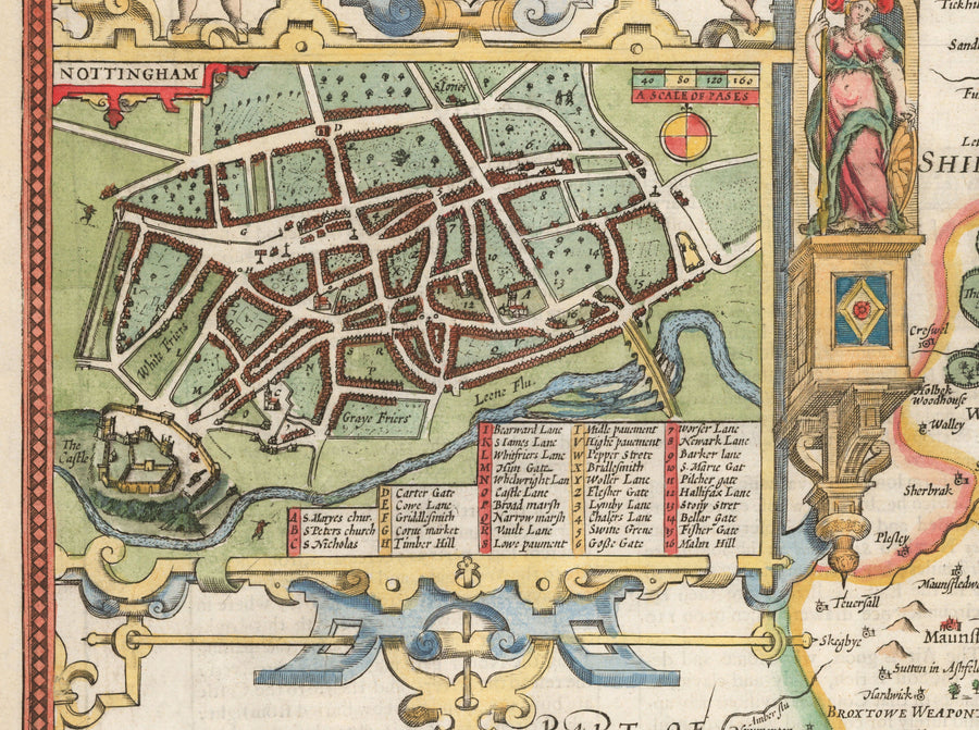 Ancienne carte de Nottinghamshire, 1611 par John Speed ​​- Nottingham, Mansfield, Newark, Worksop