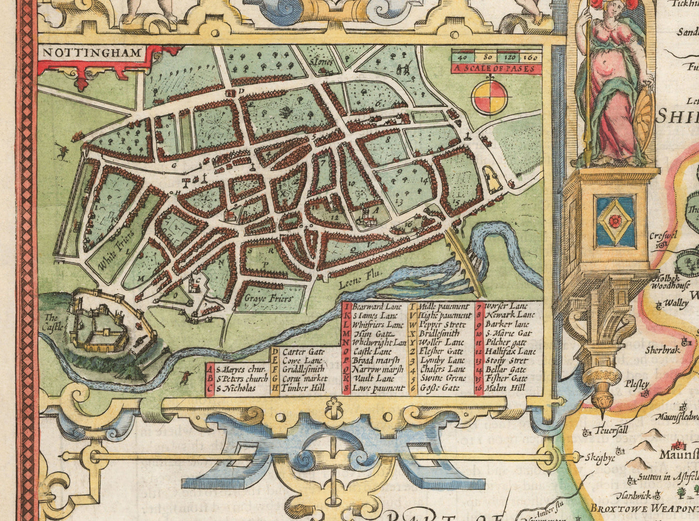 Alte Karte von Nottinghamshire, 1611 von John Speed - Nottingham, Mansfield, Newark, Worksop 