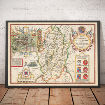 Viejo mapa de Nottinghamshire, 1611 por John Speed ​​- Nottingham, Mansfield, Newark, Worksop