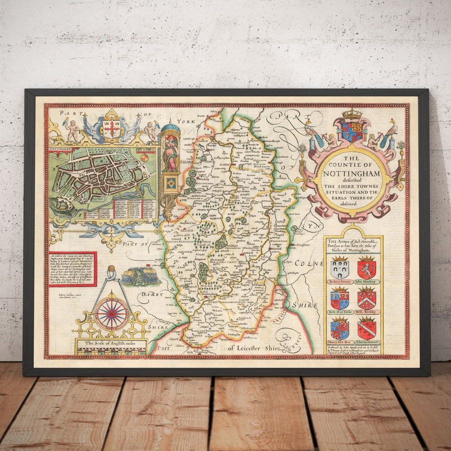 Ancienne carte de Nottinghamshire, 1611 par John Speed ​​- Nottingham, Mansfield, Newark, Worksop