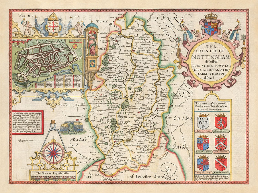Ancienne carte de Nottinghamshire, 1611 par John Speed ​​- Nottingham, Mansfield, Newark, Worksop