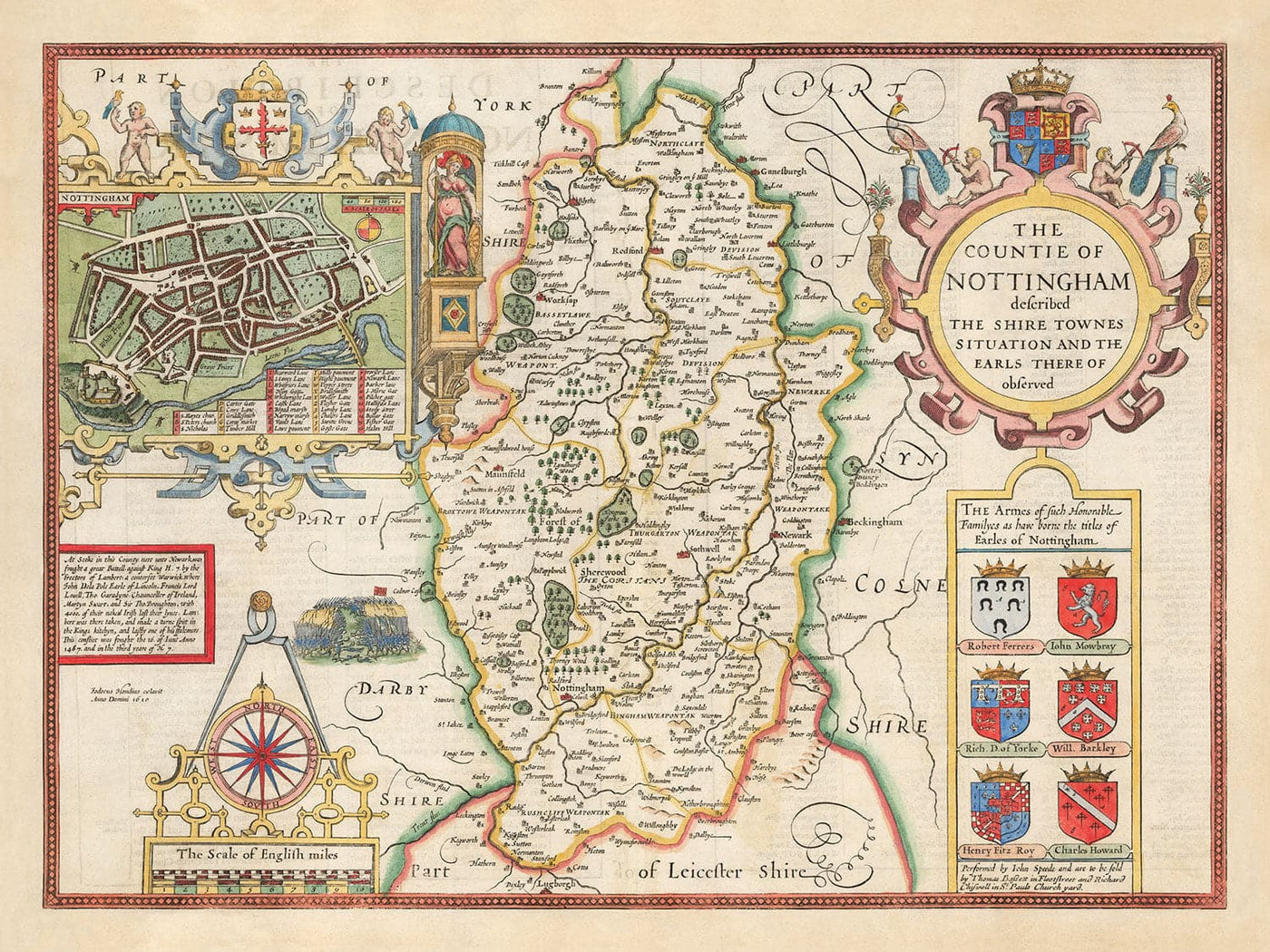 Alte Karte von Nottinghamshire, 1611 von John Speed - Nottingham, Mansfield, Newark, Worksop 