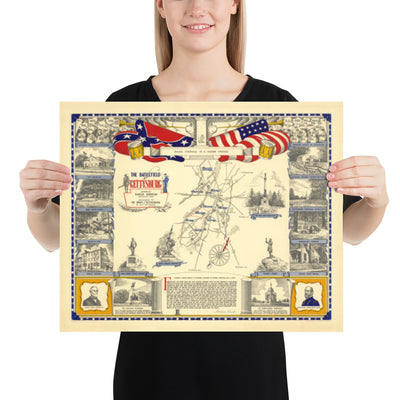 Old Map of the Battle of Gettysburg, 1863 by Barclay Rubincam - Civil War - Confederacy vs. Union Memorial Chart