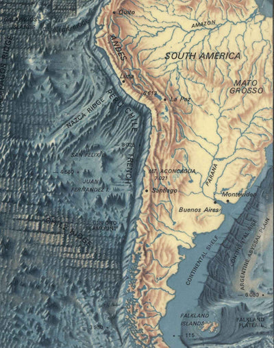 Rare carte ancienne du plancher océanique et du relief terrestre réalisée par l'US Navy en 1976 - Europe, Afrique, Amériques, Antarctique, Australie