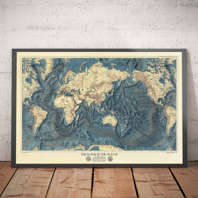 Rare carte ancienne du plancher océanique et du relief terrestre réalisée par l'US Navy en 1976 - Europe, Afrique, Amériques, Antarctique, Australie