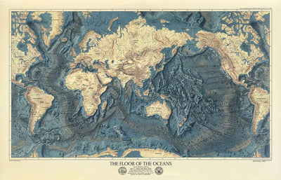 Rare carte ancienne du plancher océanique et du relief terrestre réalisée par l'US Navy en 1976 - Europe, Afrique, Amériques, Antarctique, Australie