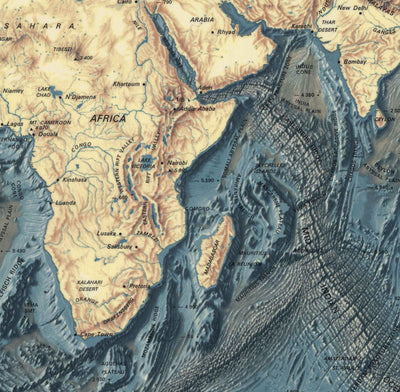 Rare carte ancienne du plancher océanique et du relief terrestre réalisée par l'US Navy en 1976 - Europe, Afrique, Amériques, Antarctique, Australie