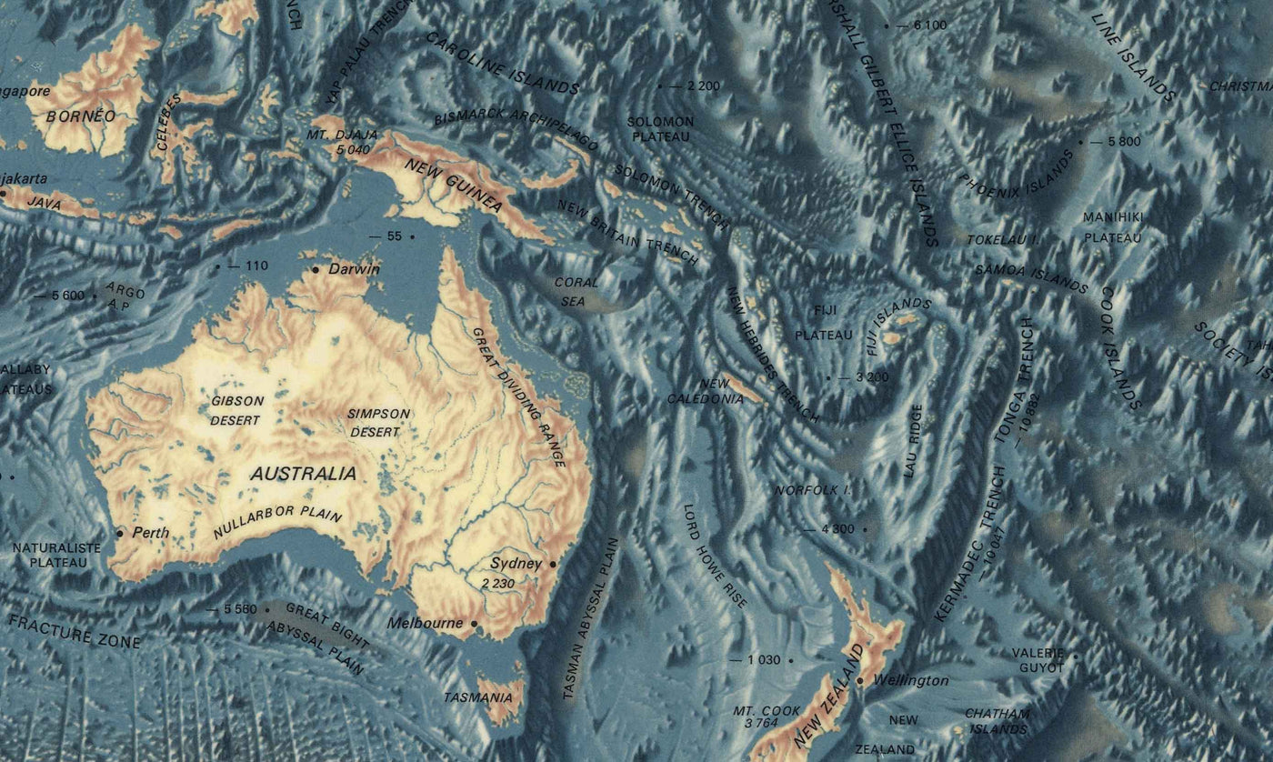 Rare carte ancienne du plancher océanique et du relief terrestre réalisée par l'US Navy en 1976 - Europe, Afrique, Amériques, Antarctique, Australie