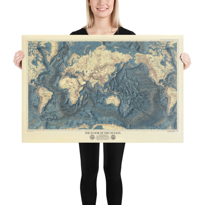 Rare carte ancienne du plancher océanique et du relief terrestre réalisée par l'US Navy en 1976 - Europe, Afrique, Amériques, Antarctique, Australie