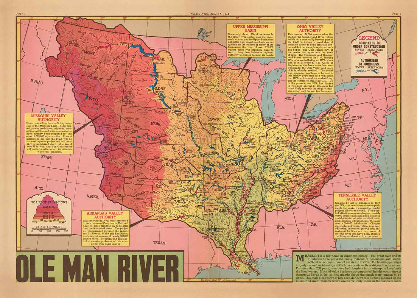 Alte Karte des Mississippi-Flussbeckens, 1945 - "Ole Man River" - Nachbarstaaten, Hochwasserschutz, Golf von Mexiko 