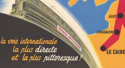 Old Poster Map of the Orient Express Railway, 1947 by Walther Spinner - Simplon, Paris, Lausanne, Geneva, Venice, London, Cairo