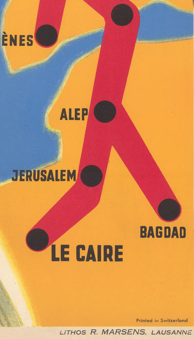 Old Poster Map of the Orient Express Railway, 1947 by Walther Spinner - Simplon, Paris, Lausanne, Geneva, Venice, London, Cairo