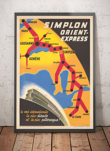 Old Poster Map of the Orient Express Railway, 1947 by Walther Spinner - Simplon, Paris, Lausanne, Geneva, Venice, London, Cairo