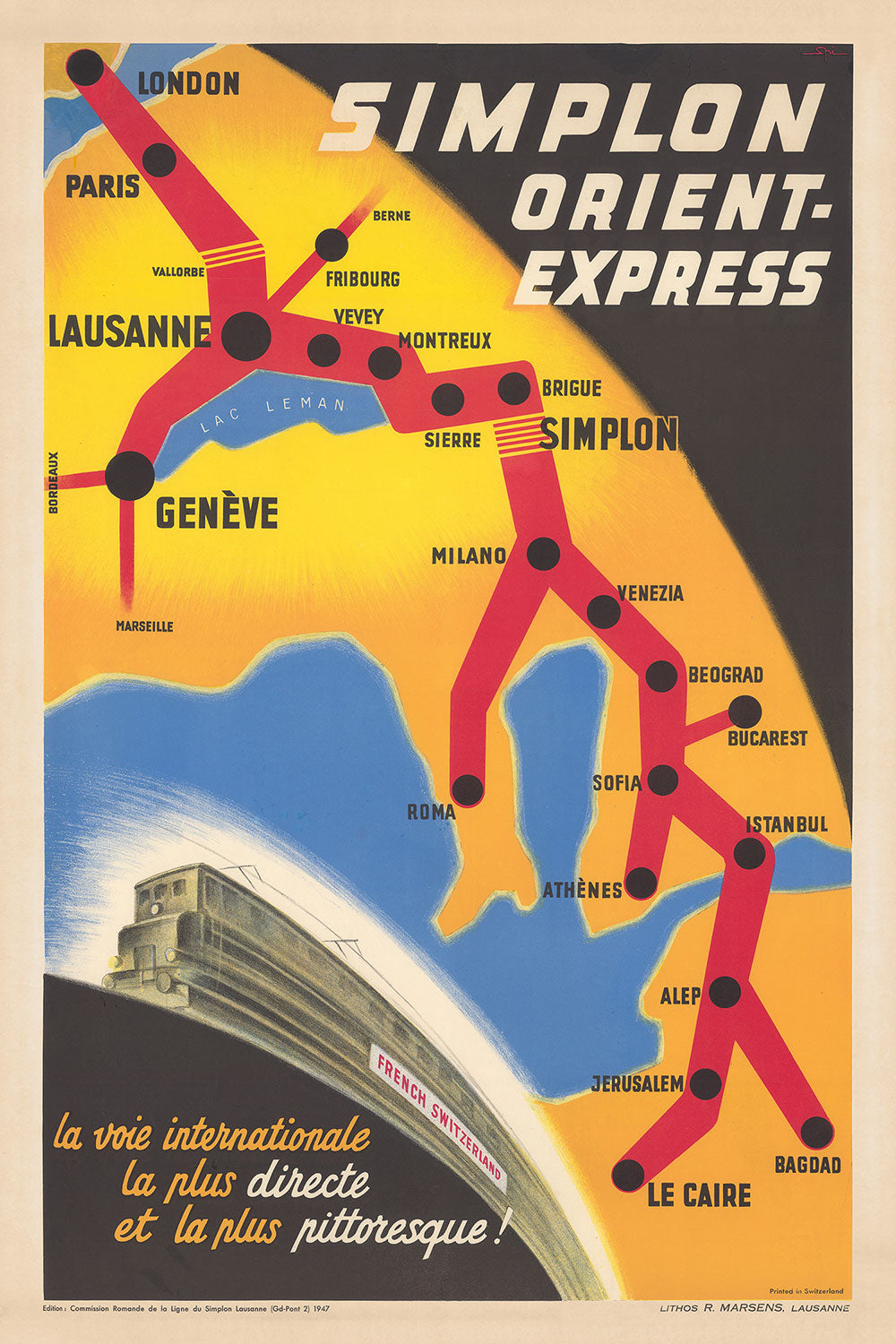 Old Poster Map of the Orient Express Railway, 1947 by Walther Spinner - Simplon, Paris, Lausanne, Geneva, Venice, London, Cairo