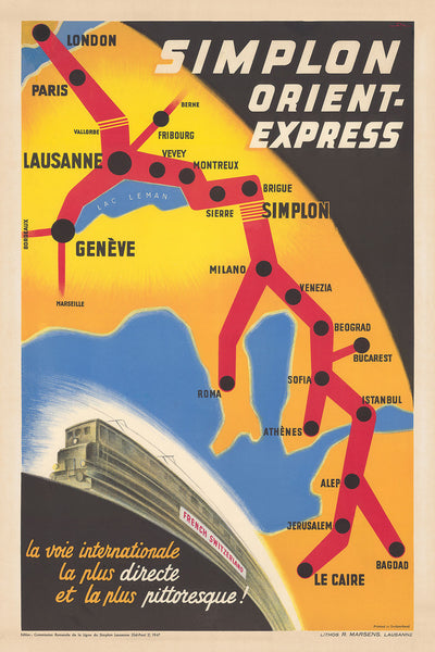 Old Poster Map of the Orient Express Railway, 1947 by Walther Spinner - Simplon, Paris, Lausanne, Geneva, Venice, London, Cairo