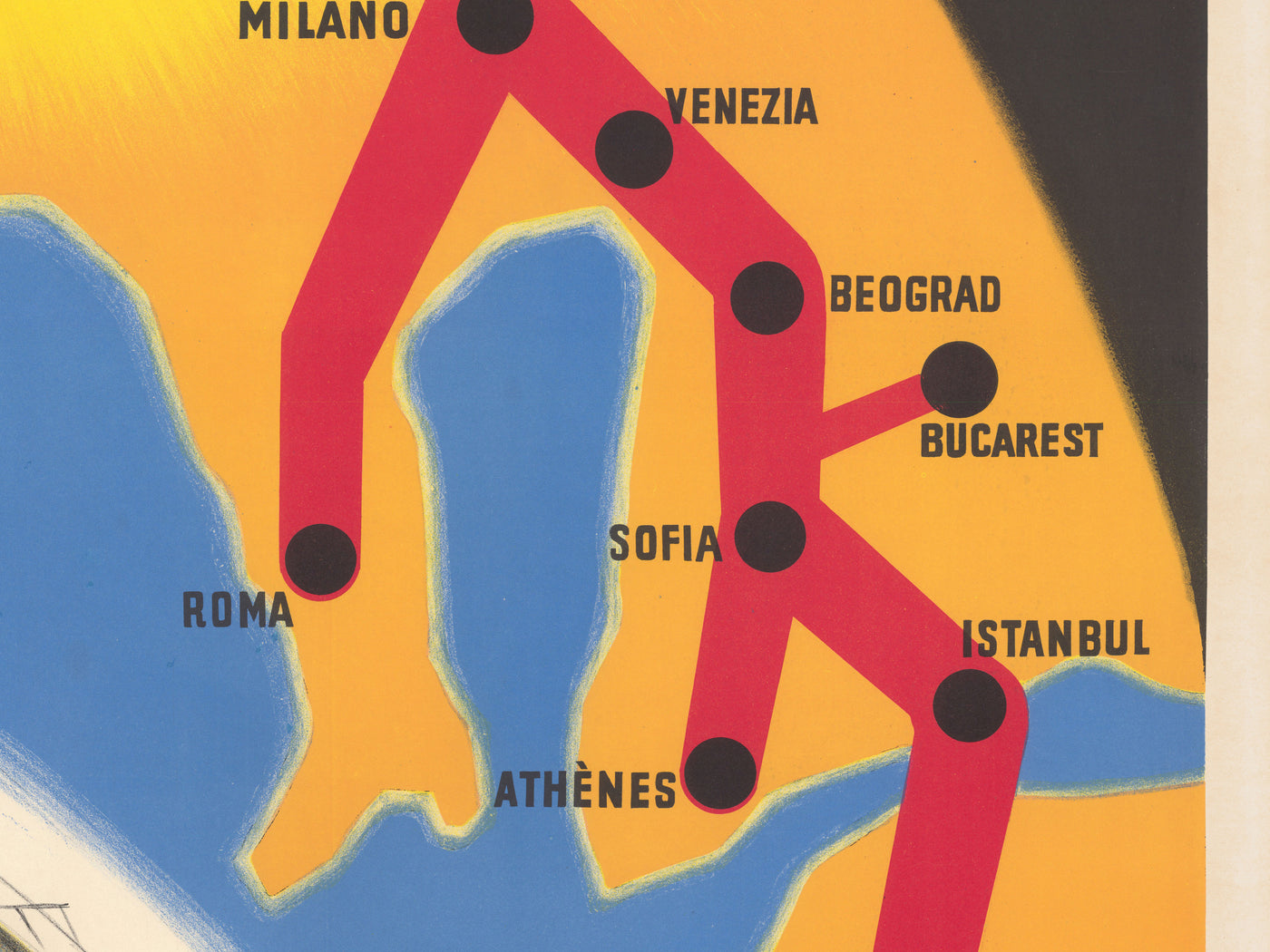 Old Poster Map of the Orient Express Railway, 1947 by Walther Spinner - Simplon, Paris, Lausanne, Geneva, Venice, London, Cairo