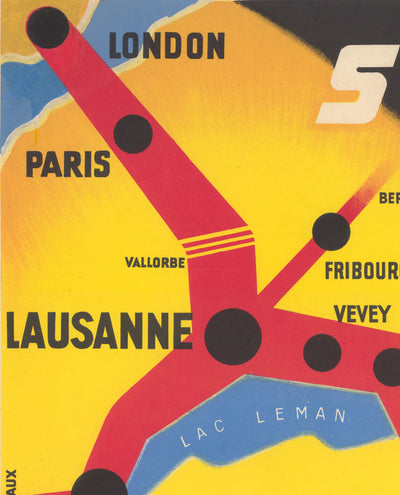 Old Poster Map of the Orient Express Railway, 1947 by Walther Spinner - Simplon, Paris, Lausanne, Geneva, Venice, London, Cairo
