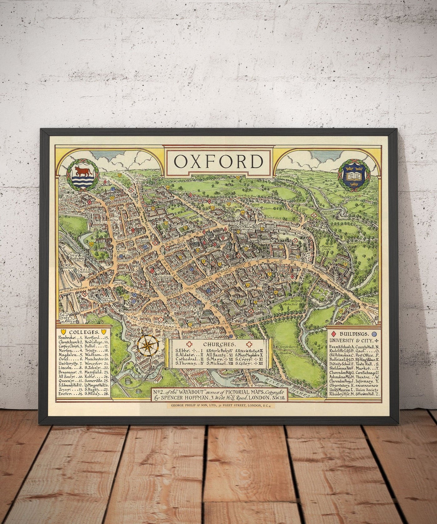 Carte illustrée du vieil Oxford par Spencer Hoffman, 1929 - Universités et collèges