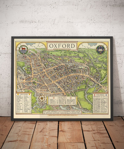 Carte illustrée du vieil Oxford par Spencer Hoffman, 1929 - Universités et collèges