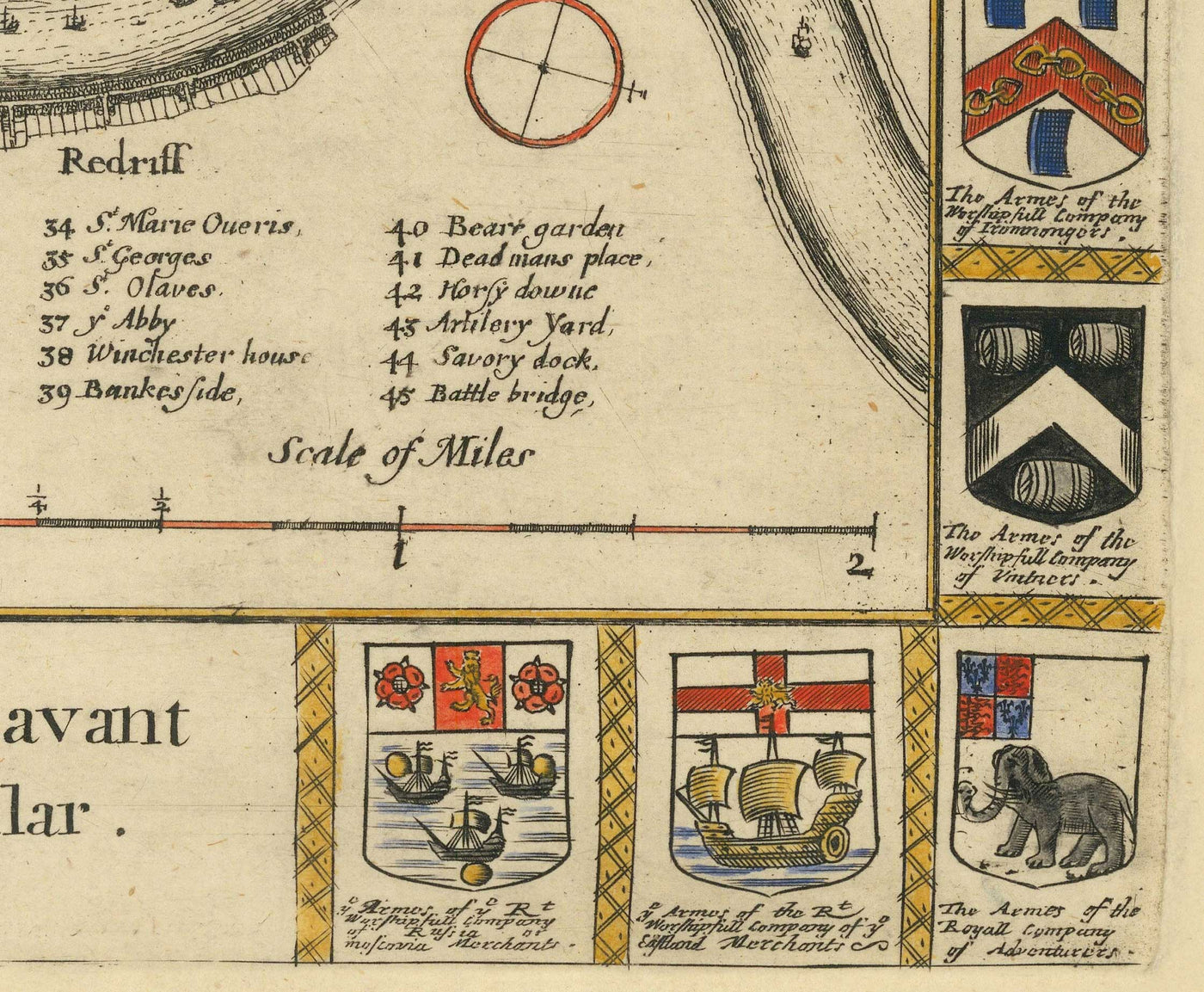 Alte Karte vor dem großen Brand von London, 1667 von Blome - Westminster Abbey, Scotland Yard, Charring Cross, London Bridge 