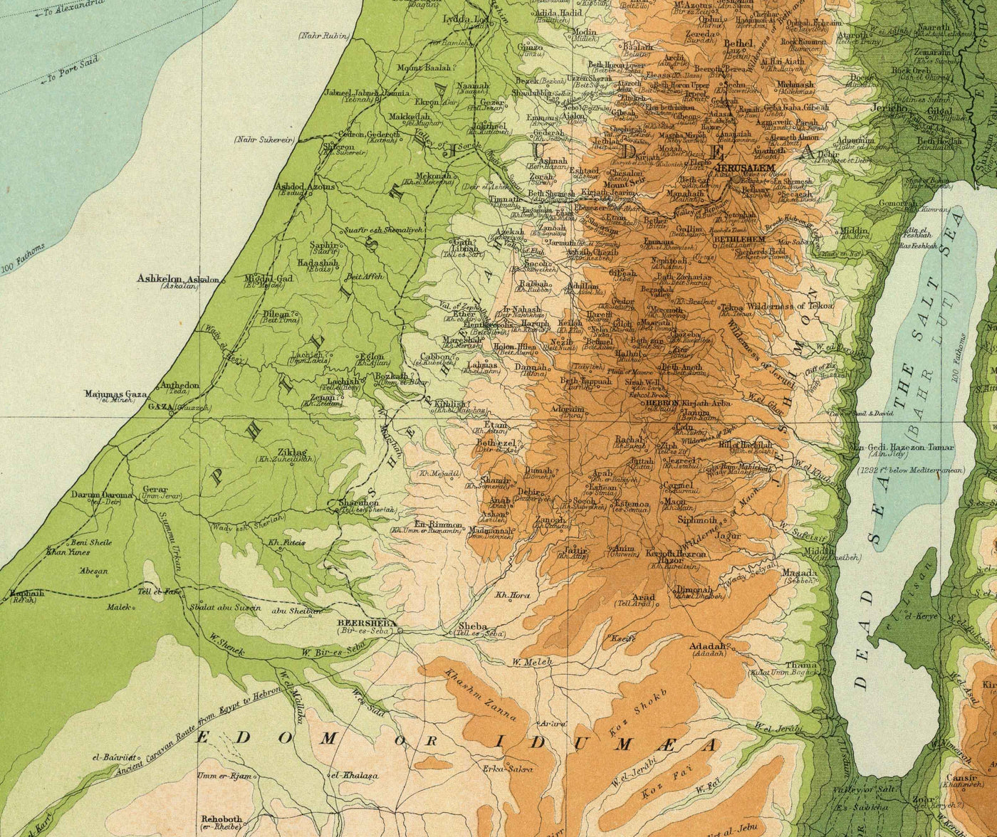 Ancienne carte de la Palestine en 1922 par Bartholomew - Jérusalem, Jaffa, Gaza, Amman, Jéricho