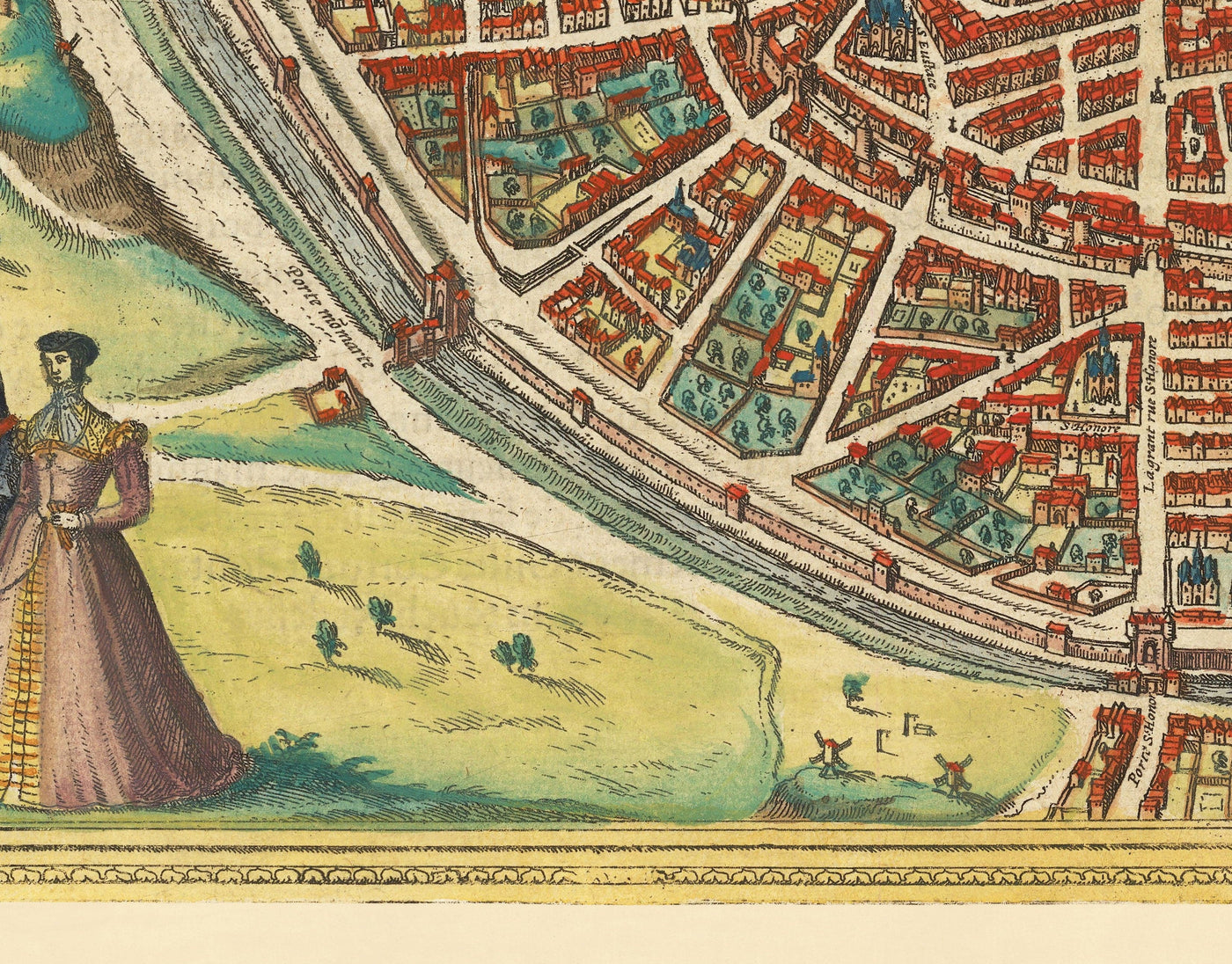Viejo Mapa de París, 1572 de Braun - Notre Dame, Sainte Chapelle, Bastilla, Sena, Catedral, Murallas de la ciudad