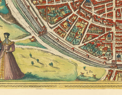 Viejo Mapa de París, 1572 de Braun - Notre Dame, Sainte Chapelle, Bastilla, Sena, Catedral, Murallas de la ciudad
