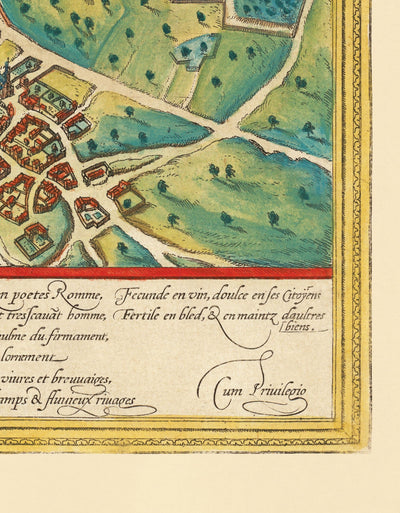 Viejo Mapa de París, 1572 de Braun - Notre Dame, Sainte Chapelle, Bastilla, Sena, Catedral, Murallas de la ciudad