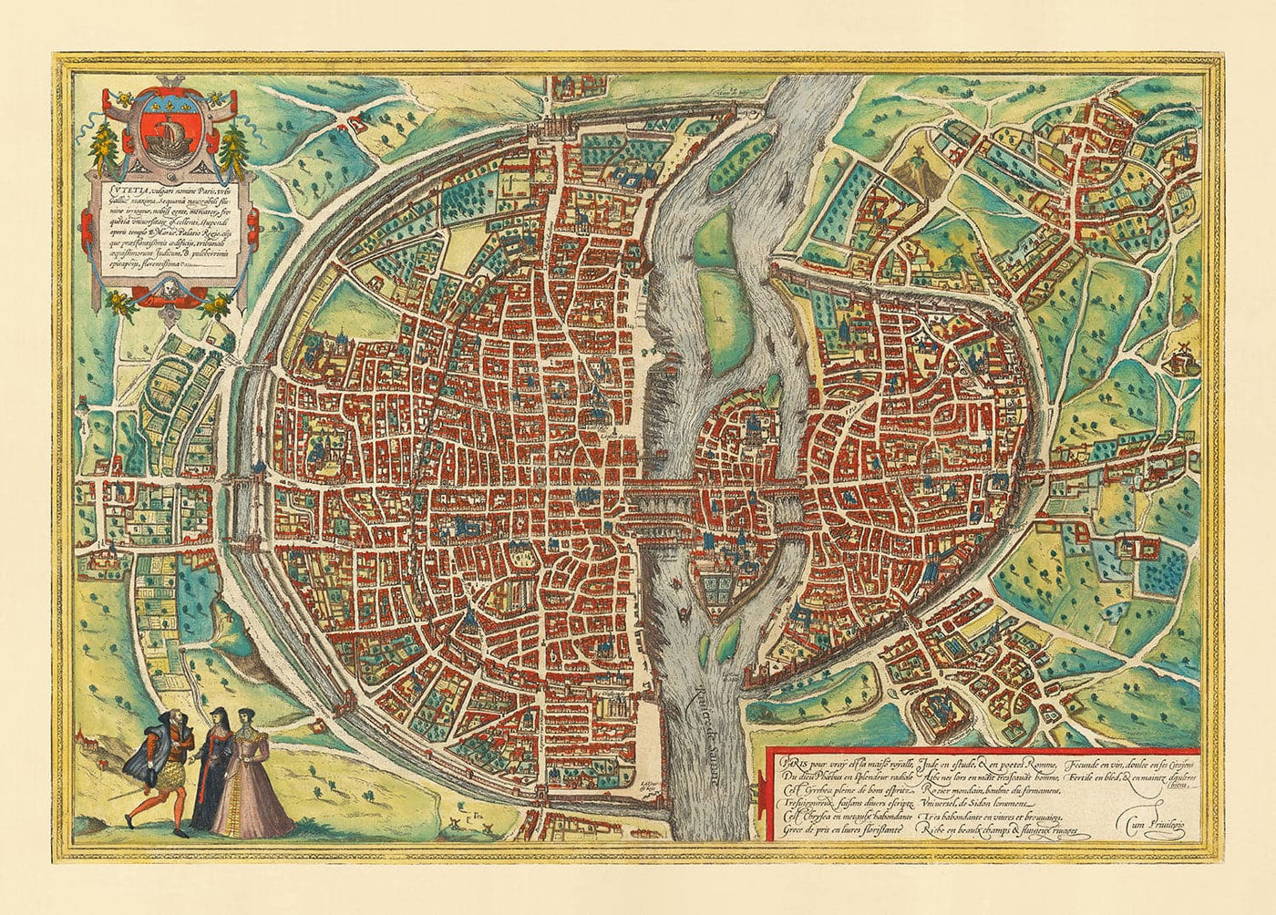 Viejo Mapa de París, 1572 de Braun - Notre Dame, Sainte Chapelle, Bastilla, Sena, Catedral, Murallas de la ciudad