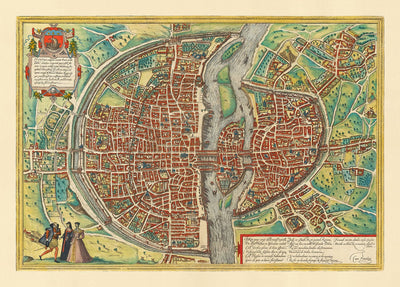 Viejo Mapa de París, 1572 de Braun - Notre Dame, Sainte Chapelle, Bastilla, Sena, Catedral, Murallas de la ciudad