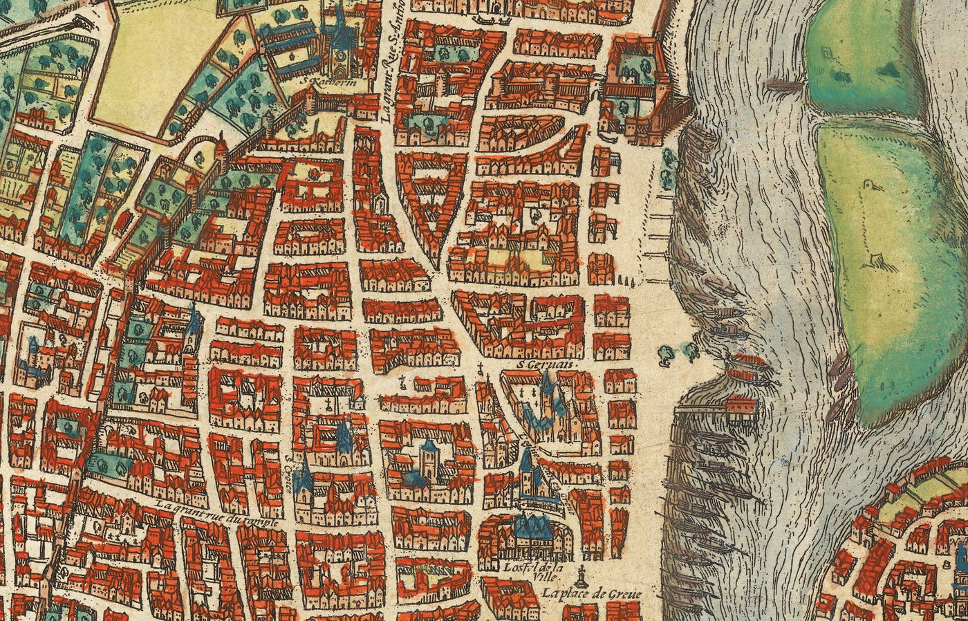 Viejo Mapa de París, 1572 de Braun - Notre Dame, Sainte Chapelle, Bastilla, Sena, Catedral, Murallas de la ciudad