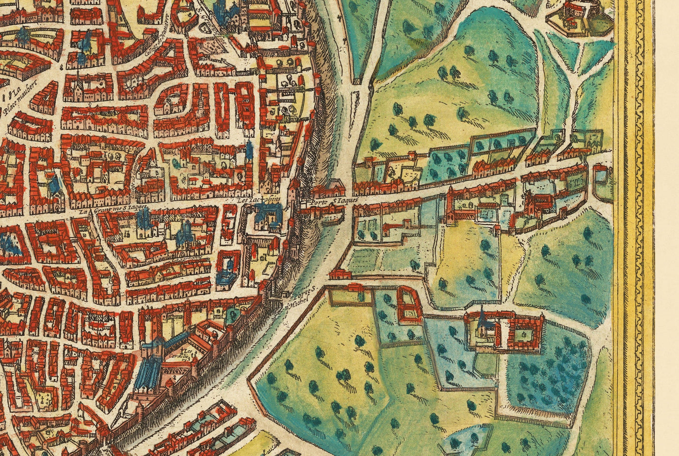 Viejo Mapa de París, 1572 de Braun - Notre Dame, Sainte Chapelle, Bastilla, Sena, Catedral, Murallas de la ciudad
