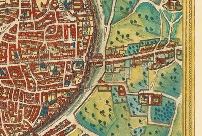 Viejo Mapa de París, 1572 de Braun - Notre Dame, Sainte Chapelle, Bastilla, Sena, Catedral, Murallas de la ciudad