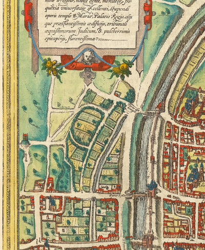 Viejo Mapa de París, 1572 de Braun - Notre Dame, Sainte Chapelle, Bastilla, Sena, Catedral, Murallas de la ciudad