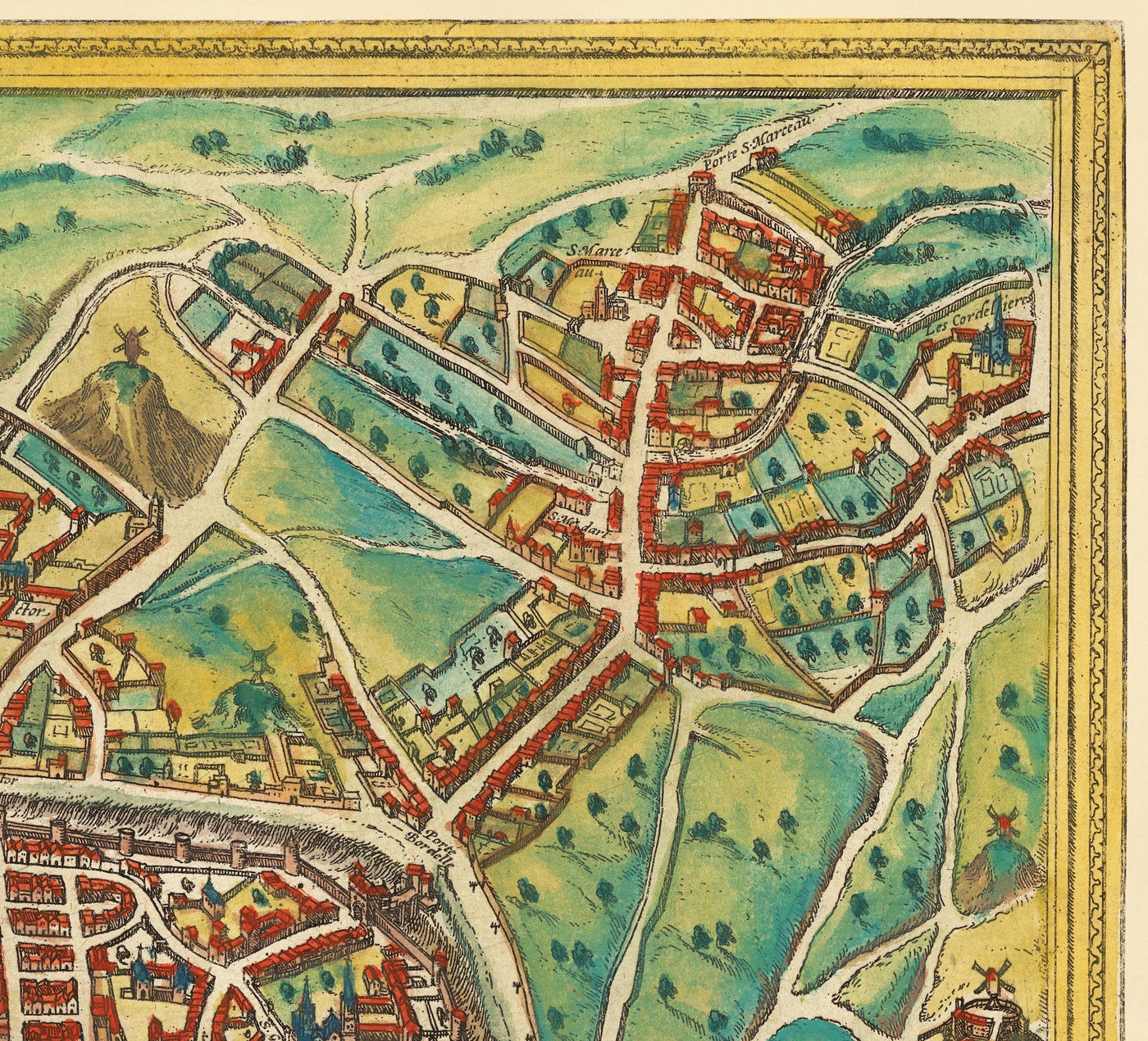 Viejo Mapa de París, 1572 de Braun - Notre Dame, Sainte Chapelle, Bastilla, Sena, Catedral, Murallas de la ciudad
