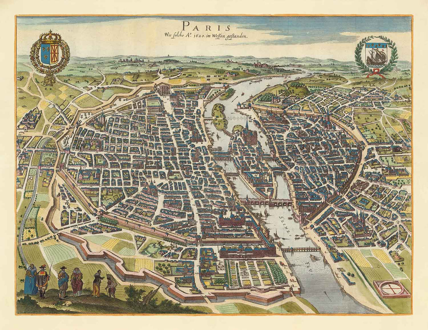 Old Map of Paris, 1655 by Caspar Merian - Ile Saint Louis and de la Cite, Pont Neuf, Seine, Notre Dame