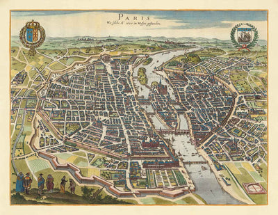 Old Map of Paris, 1655 by Caspar Merian - Ile Saint Louis and de la Cite, Pont Neuf, Seine, Notre Dame