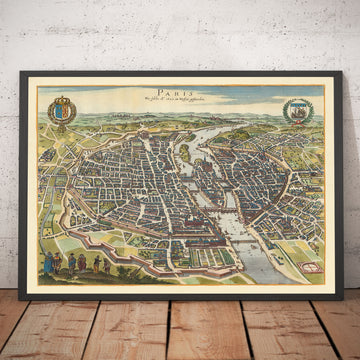 Old Map of Paris, 1655 by Caspar Merian - Ile Saint Louis and de la Cite, Pont Neuf, Seine, Notre Dame