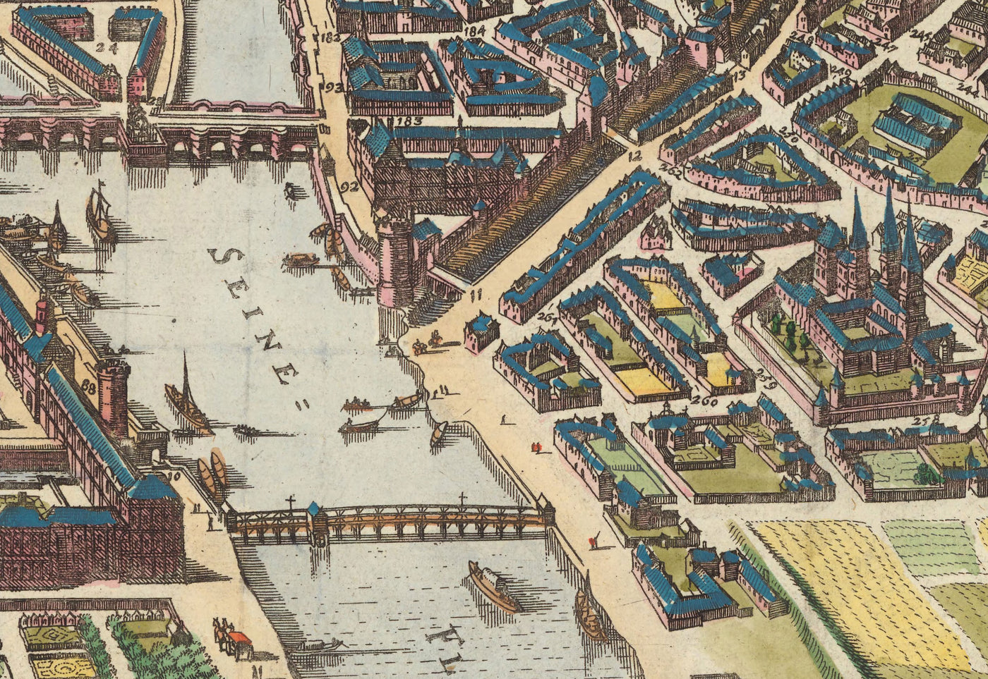 Old Map of Paris, 1655 by Caspar Merian - Ile Saint Louis and de la Cite, Pont Neuf, Seine, Notre Dame