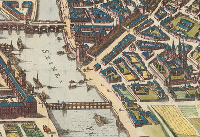 Old Map of Paris, 1655 by Caspar Merian - Ile Saint Louis and de la Cite, Pont Neuf, Seine, Notre Dame